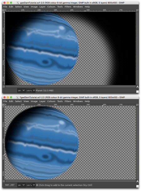 Top: planet with shadow, Bottom: after cutting away the excess shadow