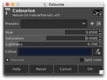 Colourising the monochrome nebula by adjusting the Hue, Saturation and Lightness