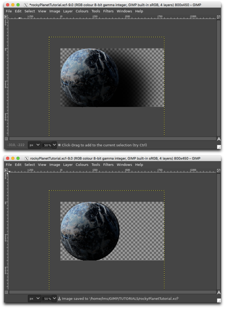 Top: planet with shadow, Bottom: after cutting away the excess shadow