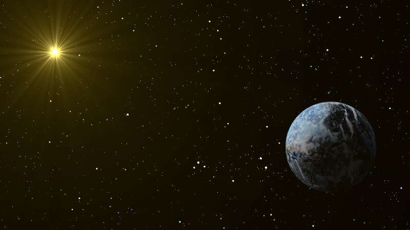 Our rocky planet floats serenely in space, illuminated by a distant golden sun.