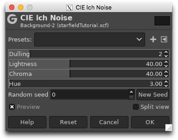 Using the CIE lch Noise filter to create a field of random coloured dots on the black background