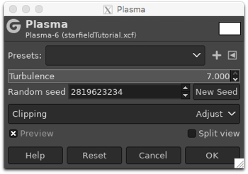 Using the Plasma filter to fill the layer with random blobs of colour