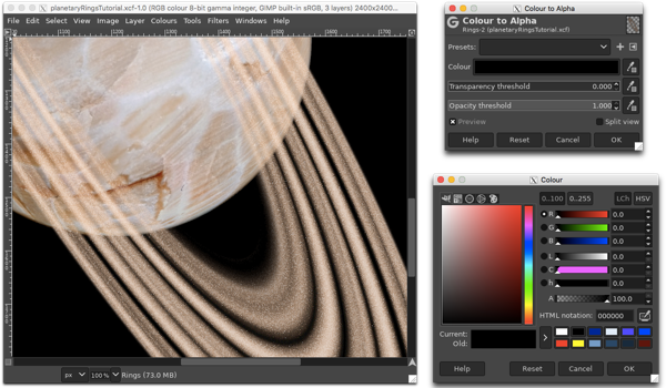 Making the darkest (blackest) rings transparent using Colour to Alpha