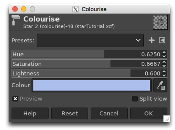 Colourising the monochrome star by adjusting the Hue, Saturation and Lightness