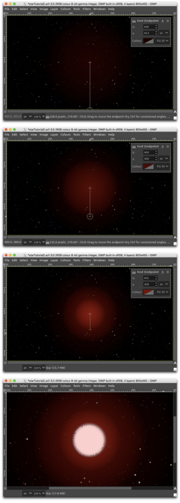 Using the Gradient tool in the upper three panels to create the outer glow; using the Ellipse Selection/Bucket Fill tools to create the star in the bottom panel