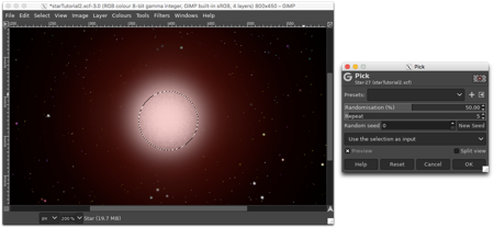 Using the Ellipse Selection tool and the Pick noise filter to create texture on the surface of the star