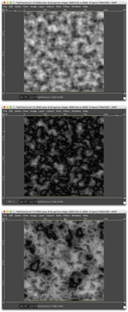 Top: applying the Solid Noise filter, Centre: applying the Difference Clouds filter, Bottom: applying the Difference Clouds filter a second time